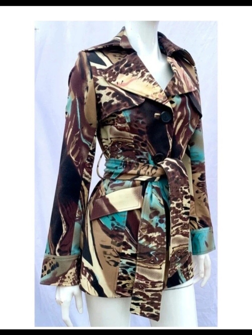 Vertigo Paris Abstract Animal Print Belted Trench Jacket Coat Women’s Medium
